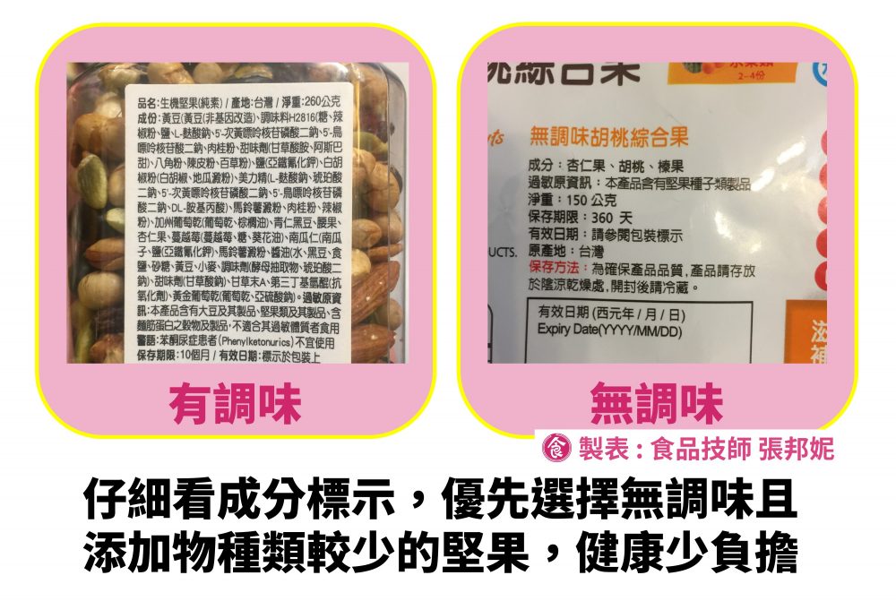 原味及調味堅果比較：仔細看成分標示，優先選擇無調味且添加物種類較少的堅果，健康少負擔